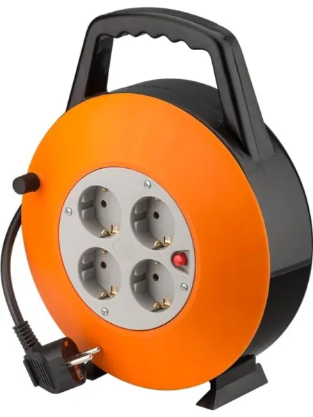 Pro Kabelvinda 15 m orange-svart - med 4 skyddade uttag